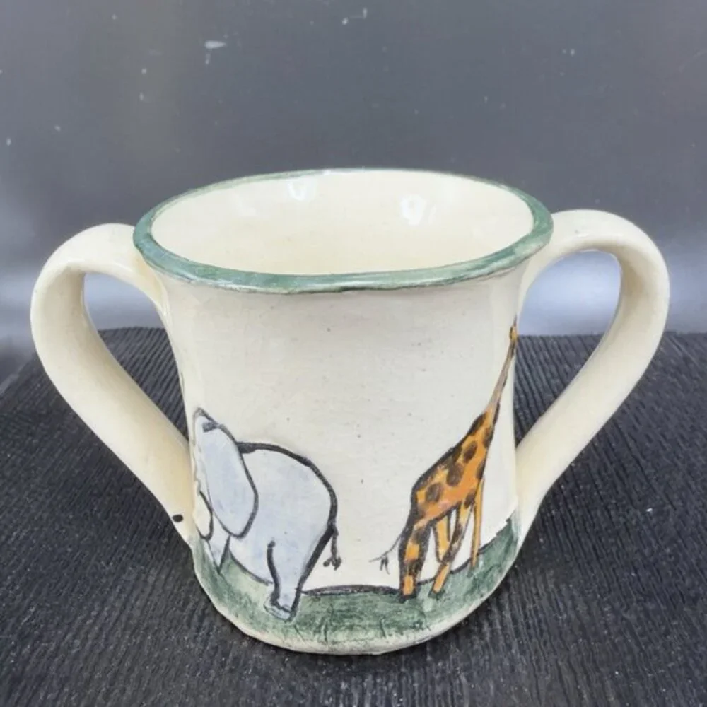 G Miller Signed Handcraft Art Pottery Double Handle Cup Mug Elephant Giraffe VTG
